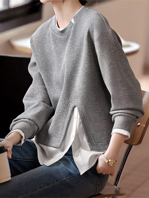 Loose Round Neck Patchwork Color Matching Blouses