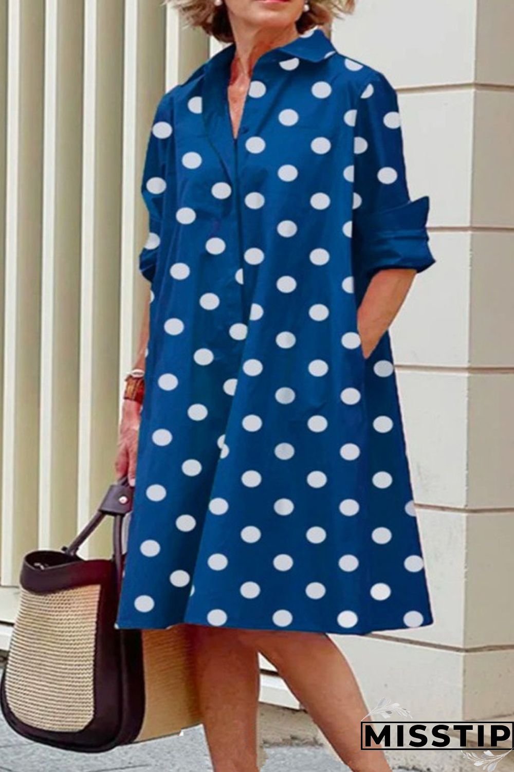 Black Casual Print Polka Dot Patchwork Buckle Turndown Collar Shirt Dress Dresses