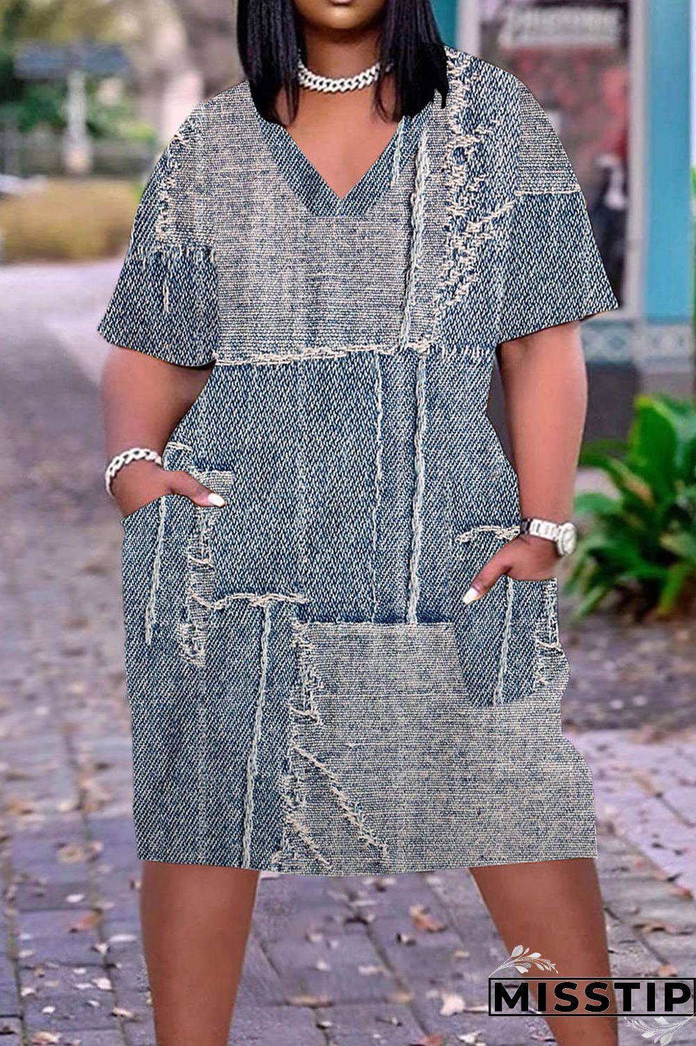 Multicolor Casual Print Patchwork V Neck Short Sleeve Dress Plus Size Dresses