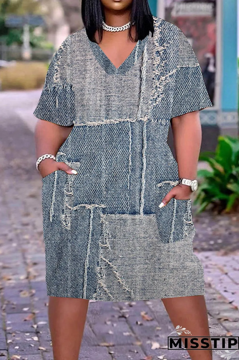 Multicolor Casual Print Patchwork V Neck Short Sleeve Dress Plus Size Dresses