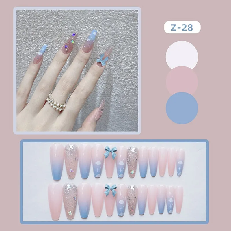 24pcs Butterfly decorated false nails Removable Long Paragraph Fashion Manicure press on nail tips full cover acrylic for girls-Nail Inspo