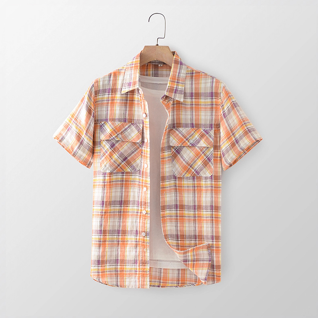 100% European Linen Men's Short Sleeves Plaid Shirt REAL SILK LIFE