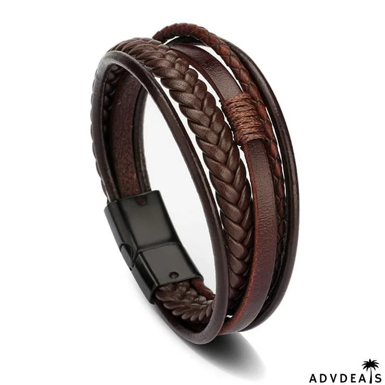 Men's Braided Magnetic Buckle Genuine Leather Bracelet with Alloy Ornament