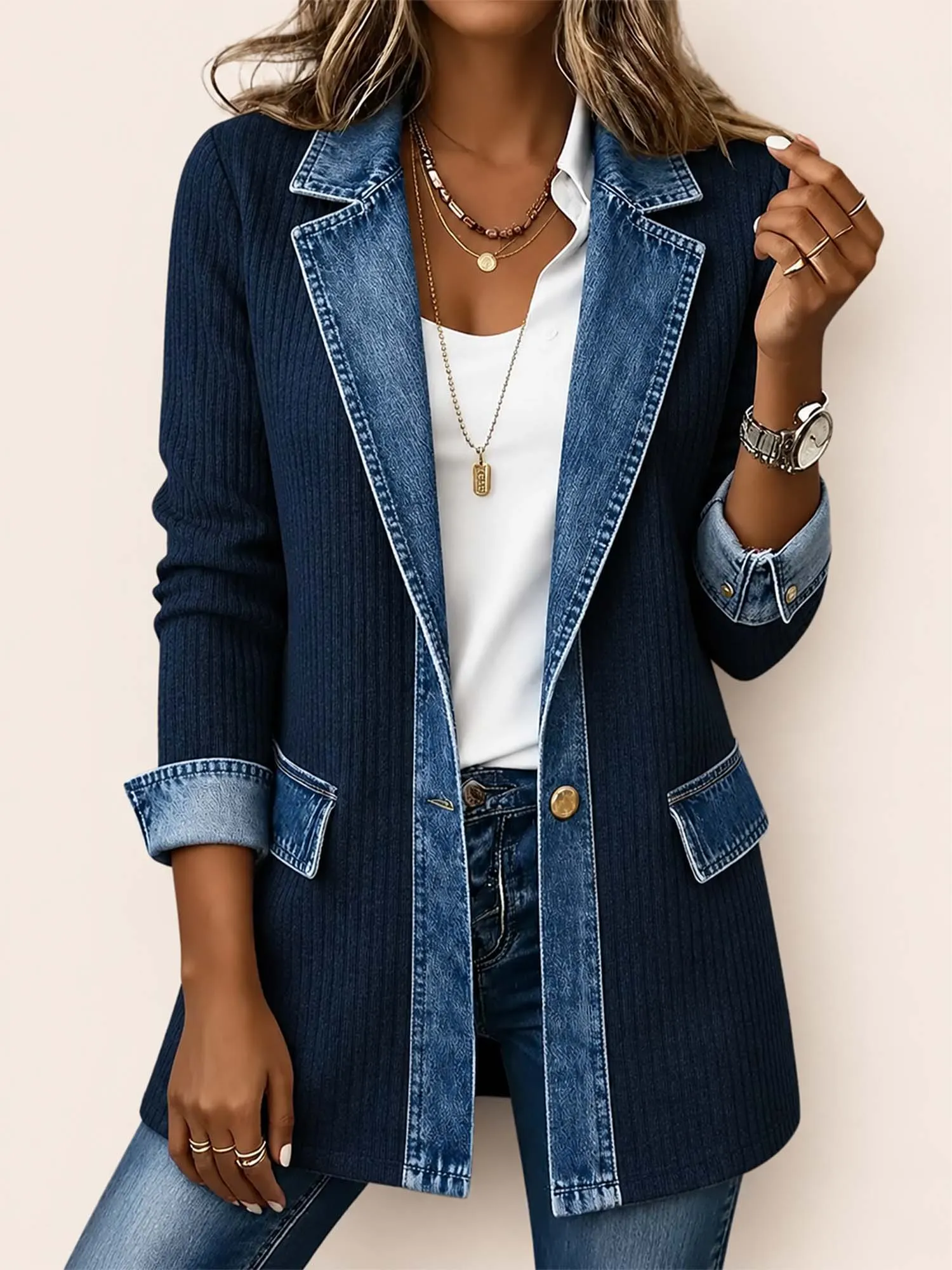 Everyday Outfit &mdash; Patchwork Denim Collar Textured Knit Blazer