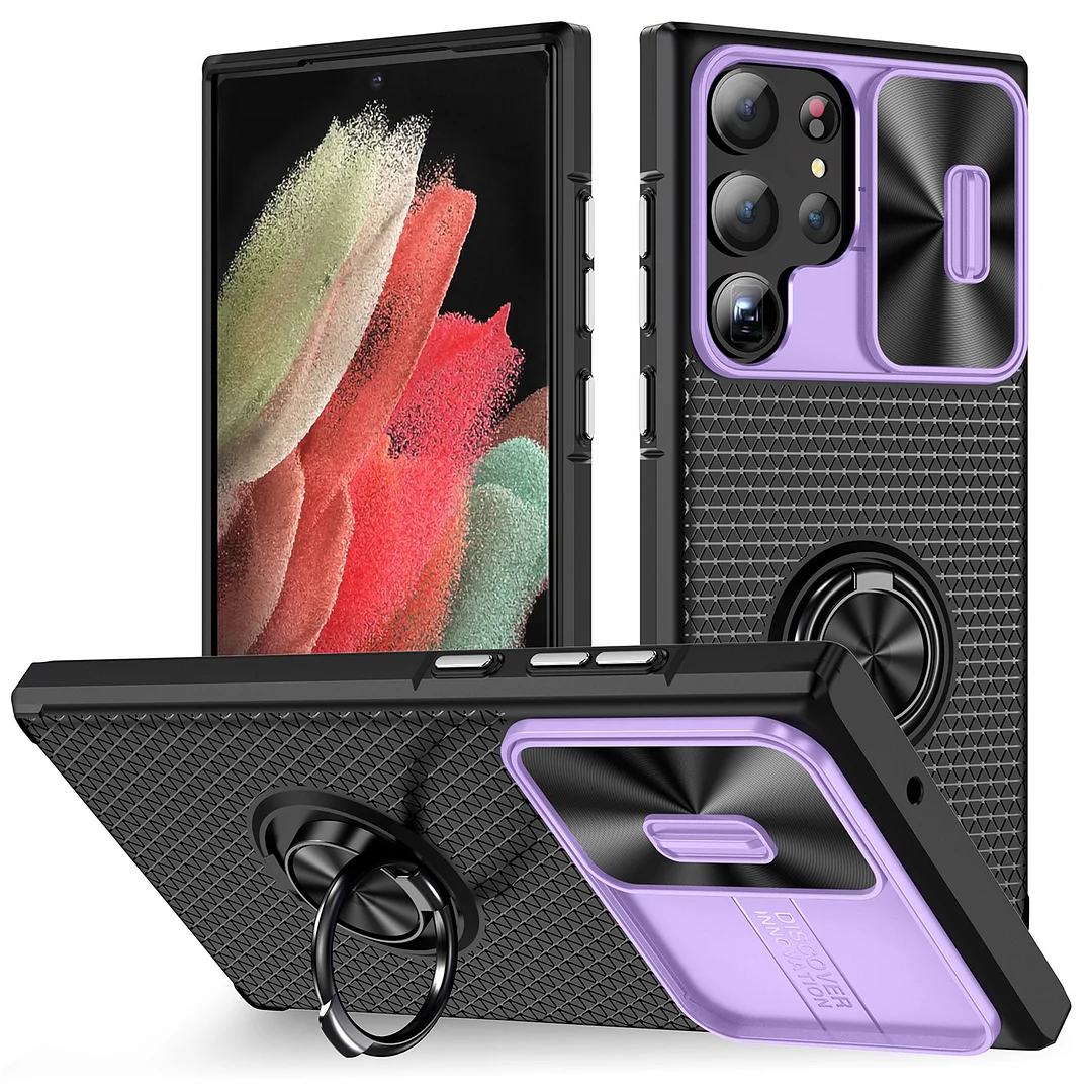 Luxury Military Armor Phone Case With Rotatable Car Ring Kickstand And Lens Push Cover for Samsung Galaxy S23/S23+/S23 Ultra