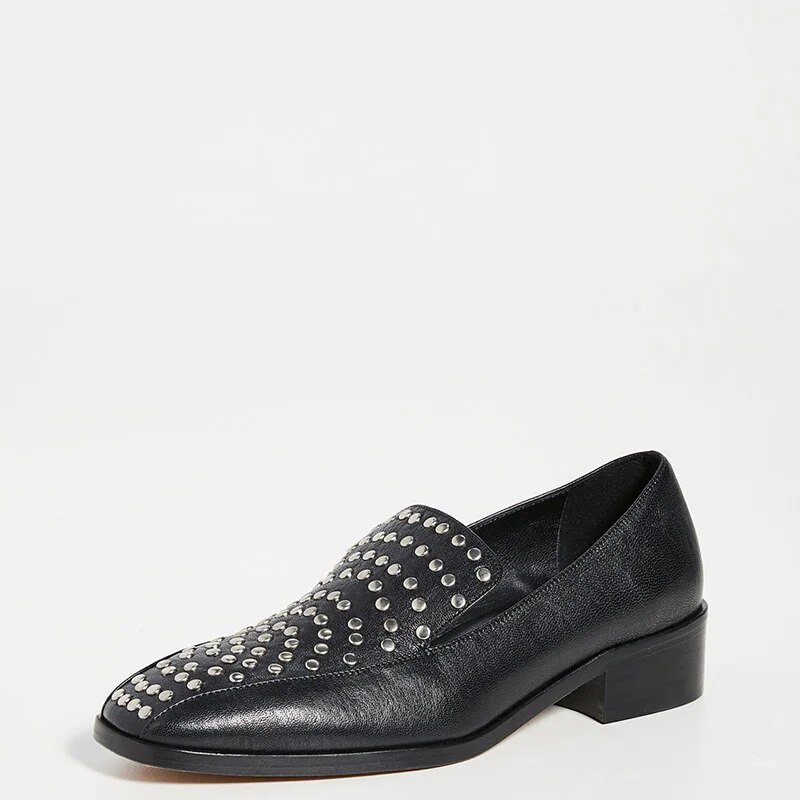 TAAFO Black Med Stacked Heels Silver Rivet Square Toe Woman Pumps Loafer Office 