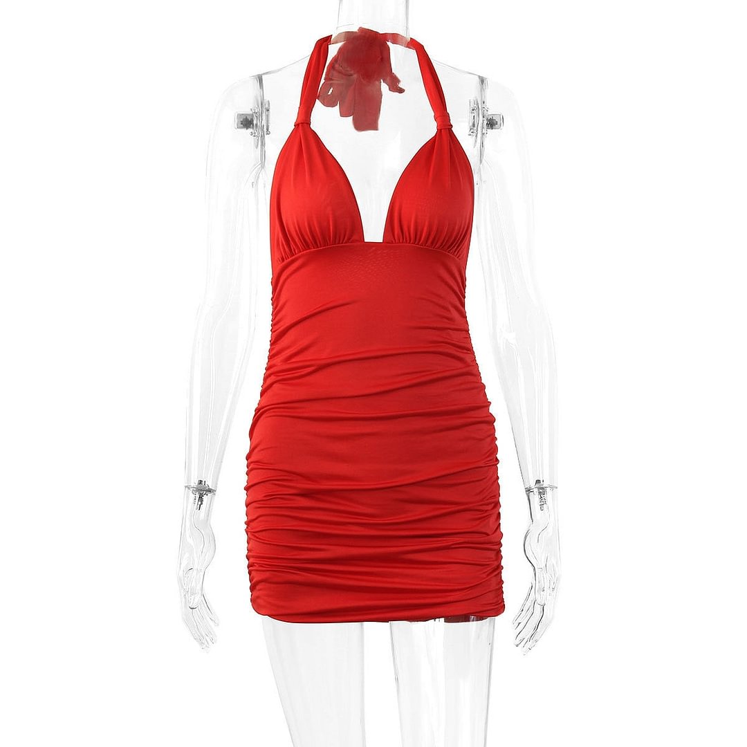 wsevypo Deep V Halter Tie Up Bodycon Mini Dress Sexy Summer Women Sleeveless Backless Wrapped Short Pencil Dress Party Clubwear