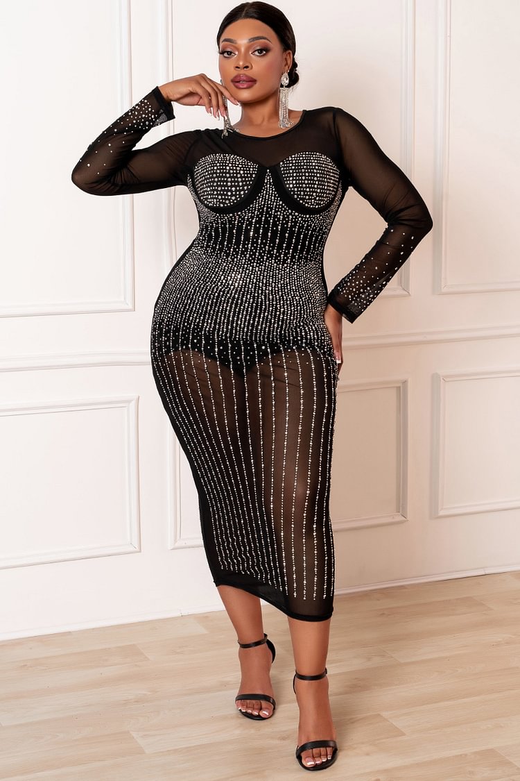 Xpluswear Design Plus Size Black Party See-Through Hot Drilling Long Sleeve Midi Dresses