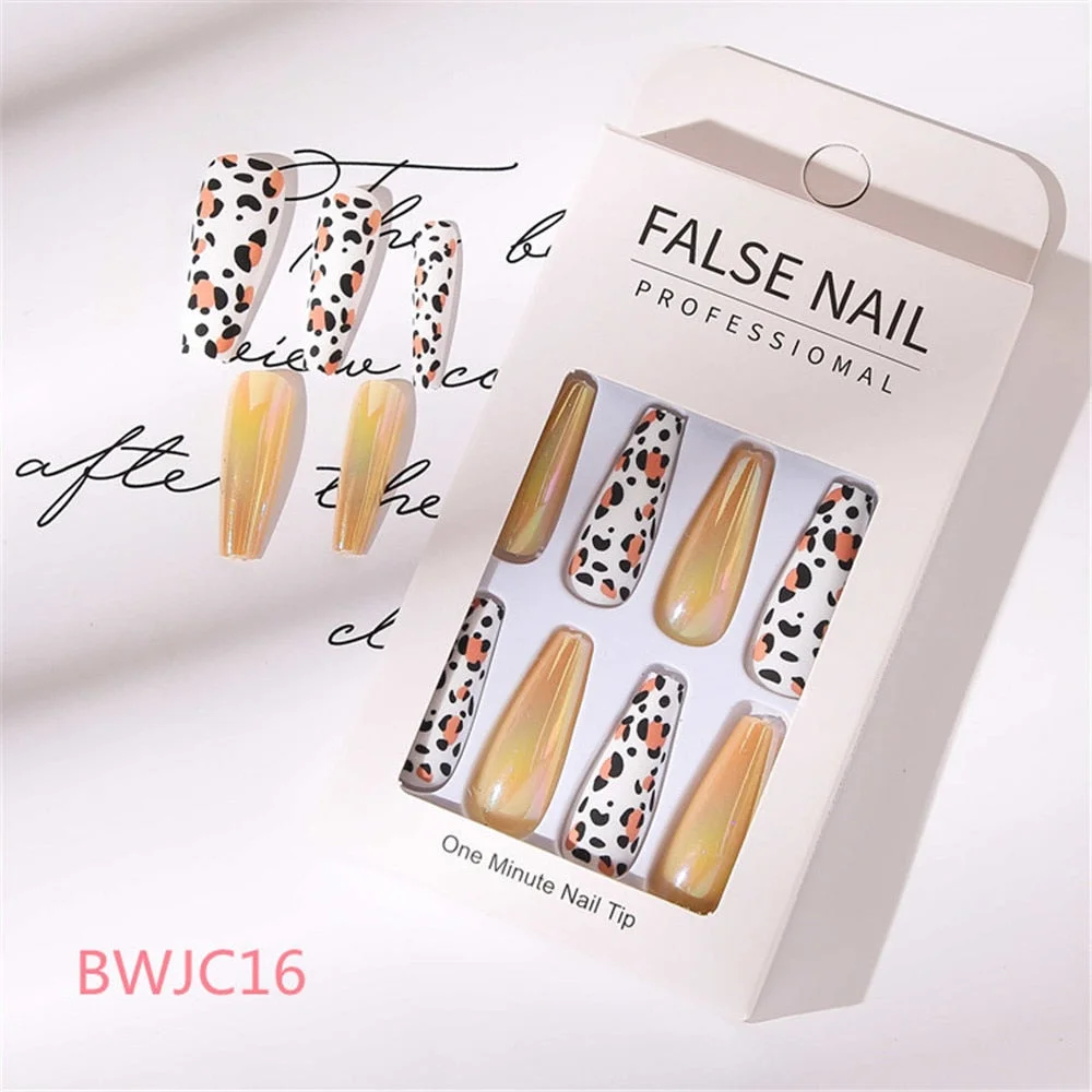 24 Pcs Long Design Ballet Coffin Fake Nails Sequins False Nail Artificial Plastic Press On False Nail Tips Manicure Nail Art
