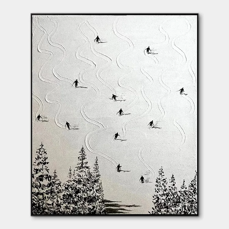 SNOW DANCE: Minimalist Skiing Painting on Textured Square Canvas（Canvas painting）