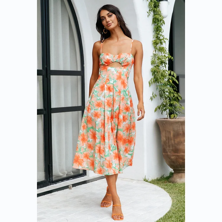 Chic Hollow Out Sexy Strapless Slip Dress For Women Summer Dresses 2022 New Backless Floral Print Sweet Swing Midi Dress