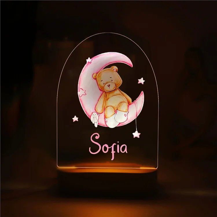 Personalisierte 1 Name Babybär und Rosa Halbmond Nachtlicht für Kinder