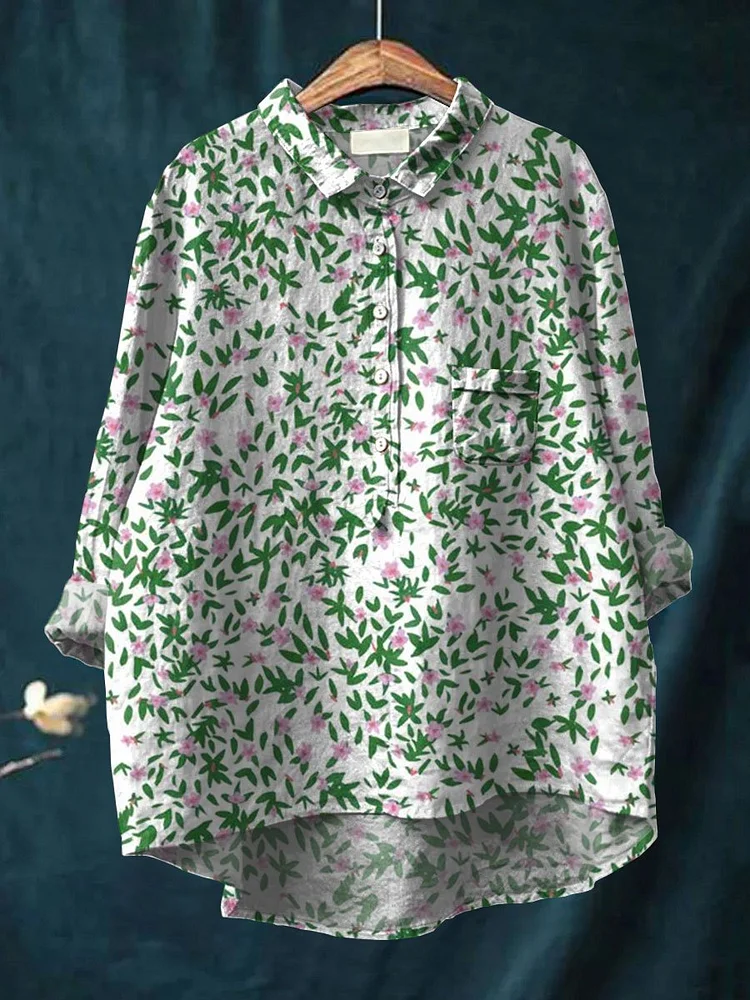 Women's Flower Art Print Casual Cotton And Linen Shirt