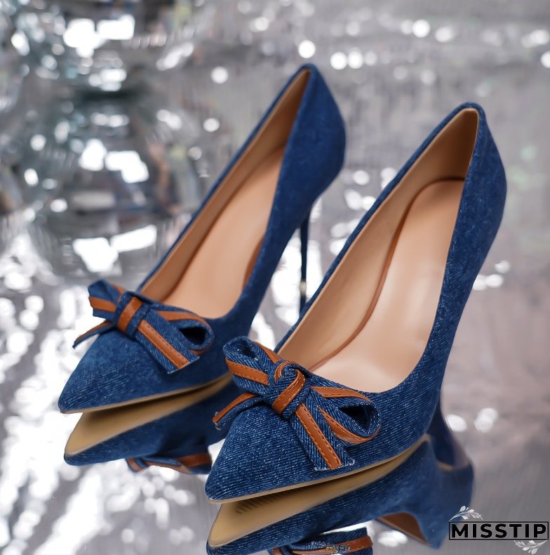 Women denim bow stiletto heels