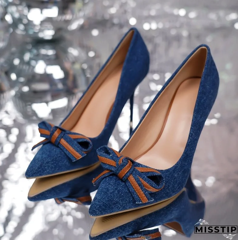 Women denim bow stiletto heels