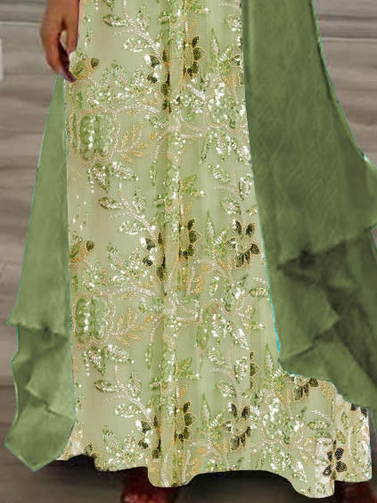 Women's Long Sleeve V-neck Floral Printed Two Pieces Maxi Dress