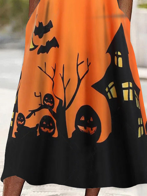 Women's Half Sleeve Scoop Neck Graphic Halloween Pockets Midi Dress