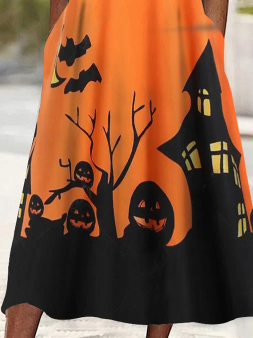 Women's Half Sleeve Scoop Neck Graphic Halloween Pockets Midi Dress