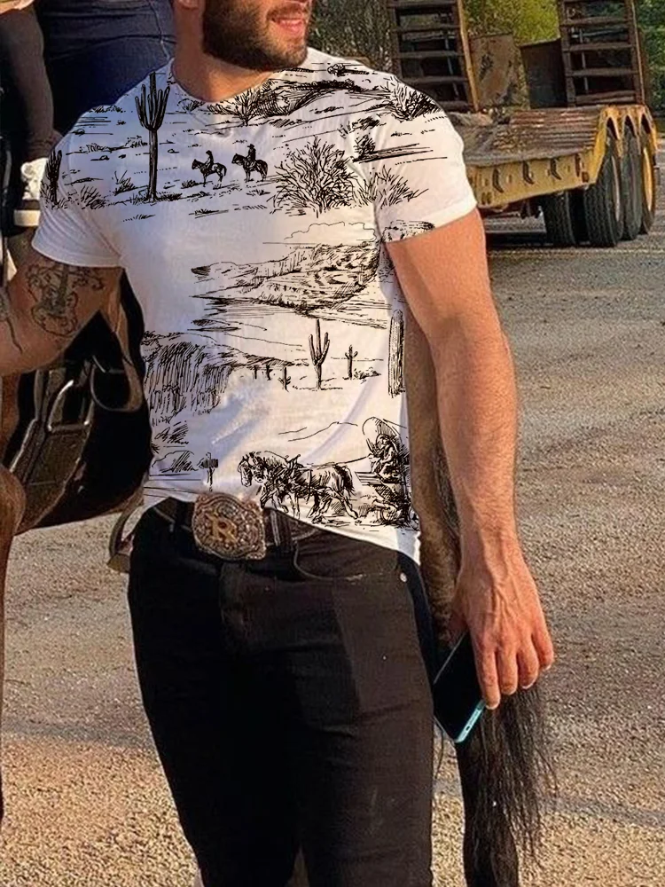 Western Cowboy Print Short Sleeve T Shirt