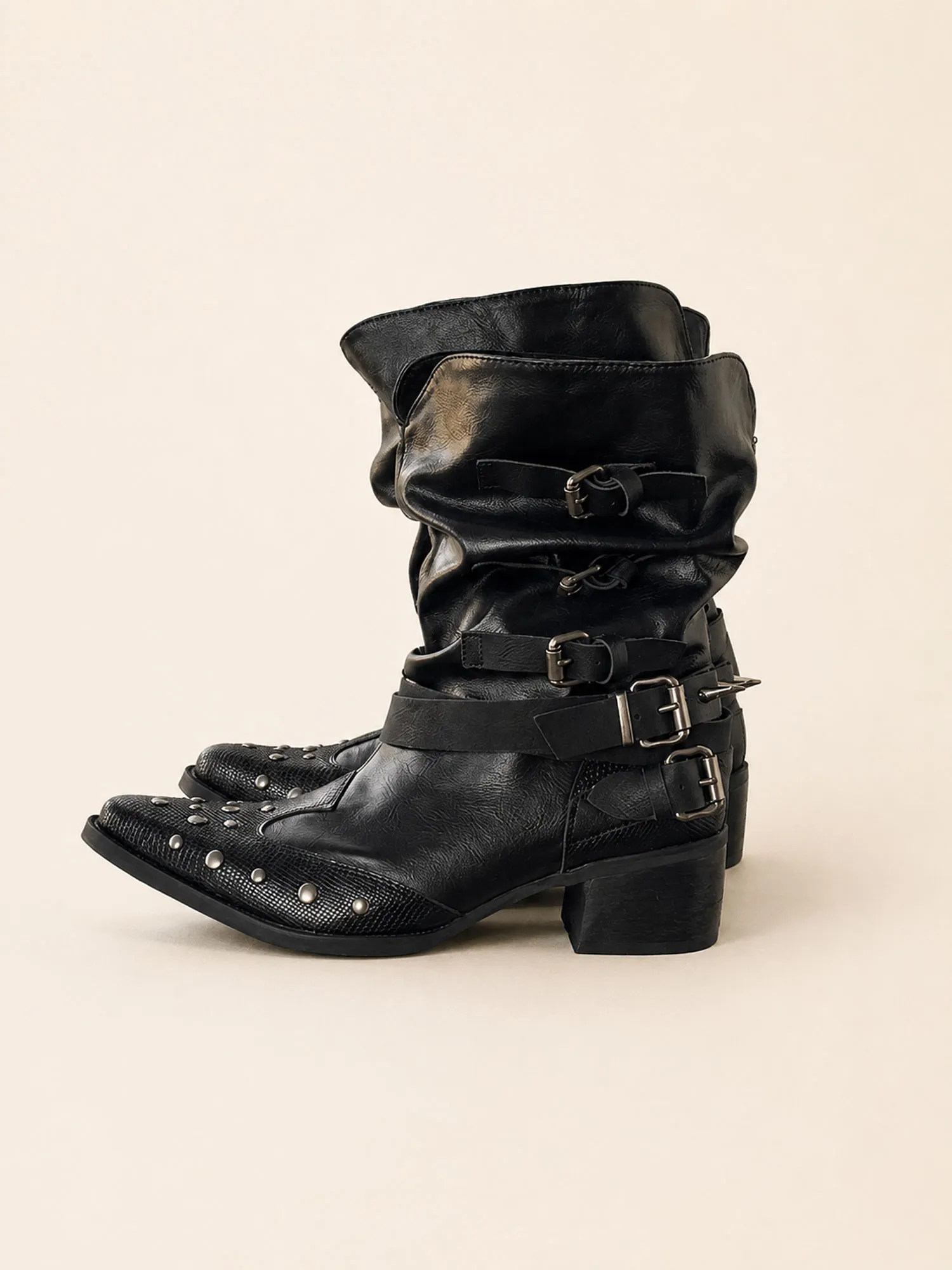 Great for Weekend Texas Country Music Festivals &mdash; Obsidian Black Pointed Toe Chunky Heel Metallic Studded Strap-Buckle Edgy Cowboy Boots