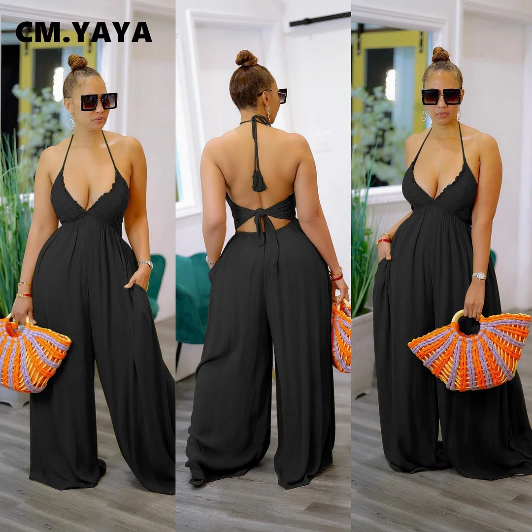 CM.YAYA Elegant Halter Neck Sleeveless Tie Up Backless Wide Leg Jumpsuit for Women 2022 Summer Beach INS Sexy Overall Playsuit