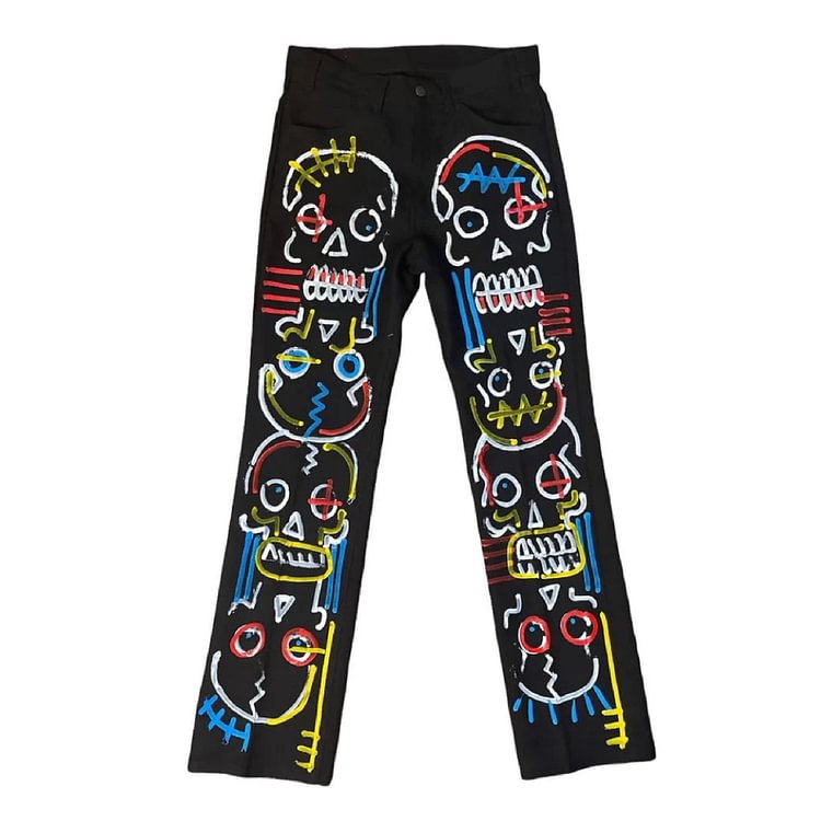 Multicolored Skull Line Drawing Trousers