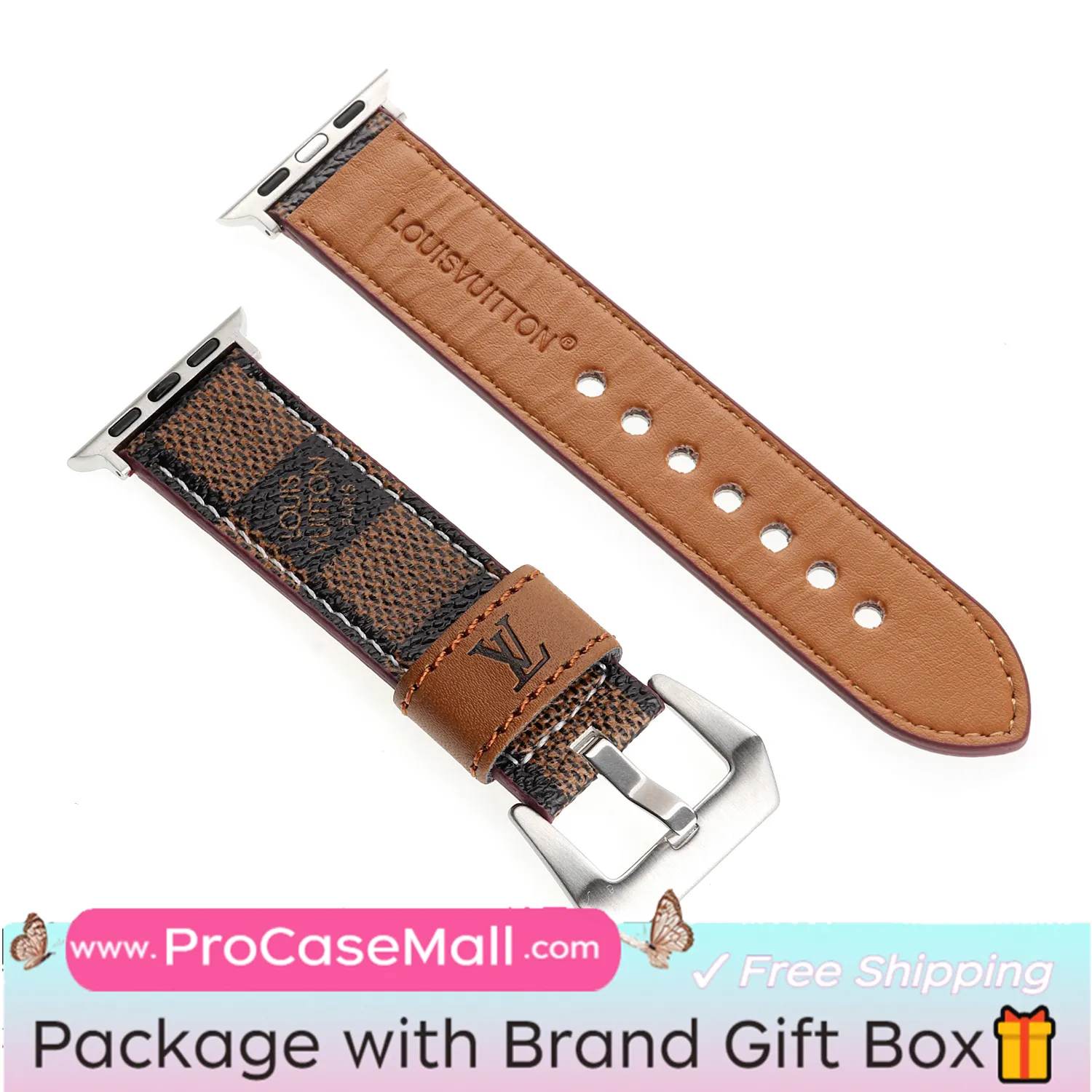 LV Genuine Leather Monogram Canvas Apple Watch Strap Checkerboard Canvas