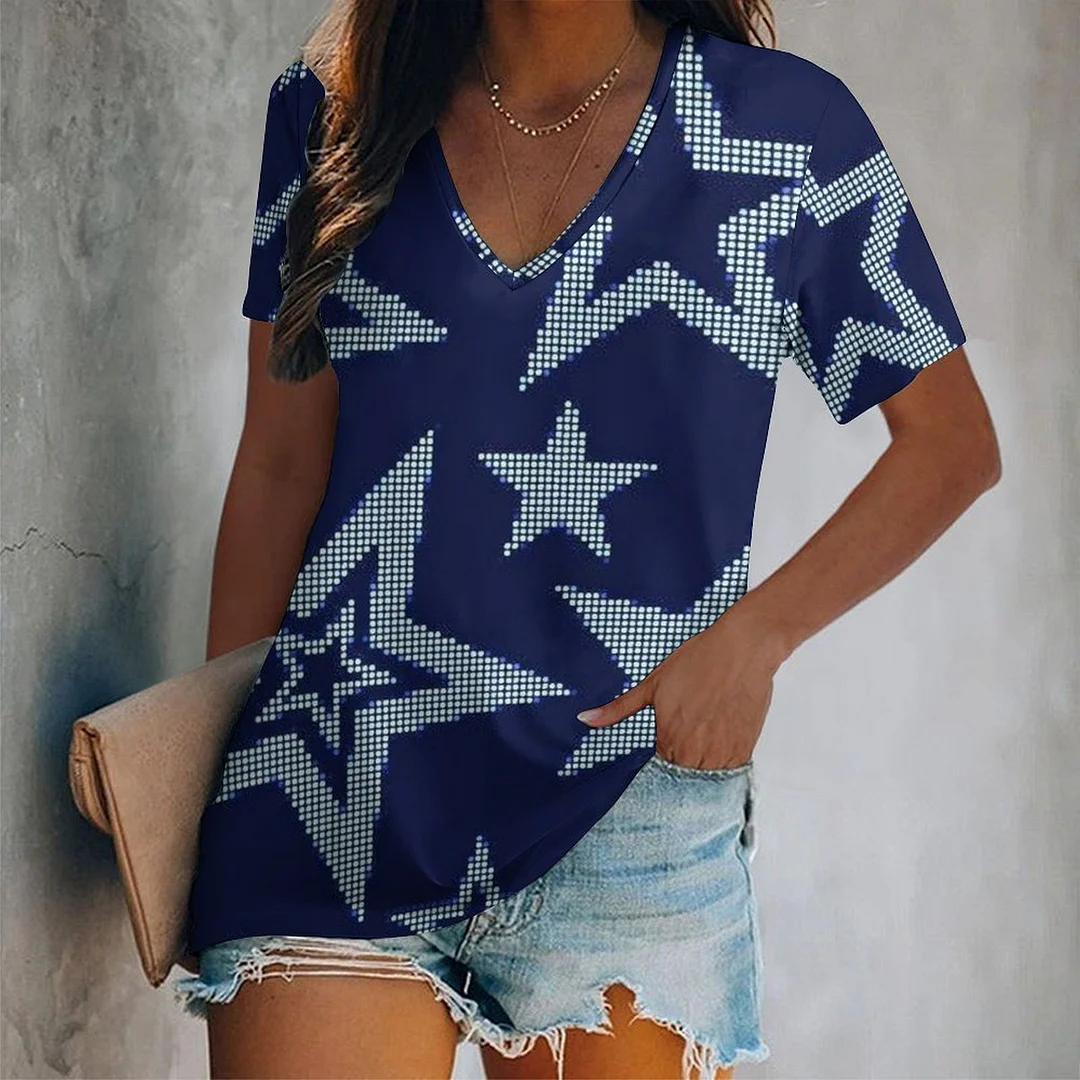 V-neck Short Sleeve Casual T-shirt for  Women Printed with Pattern USA, Independence Day, Star, Striped, Blue, Red