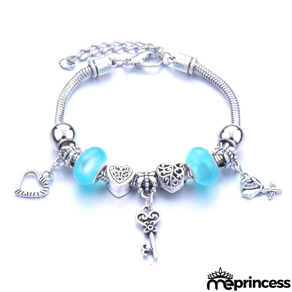 Women Fashion Rhinestone Butterfly Crown Pendant Beaded Bracelet