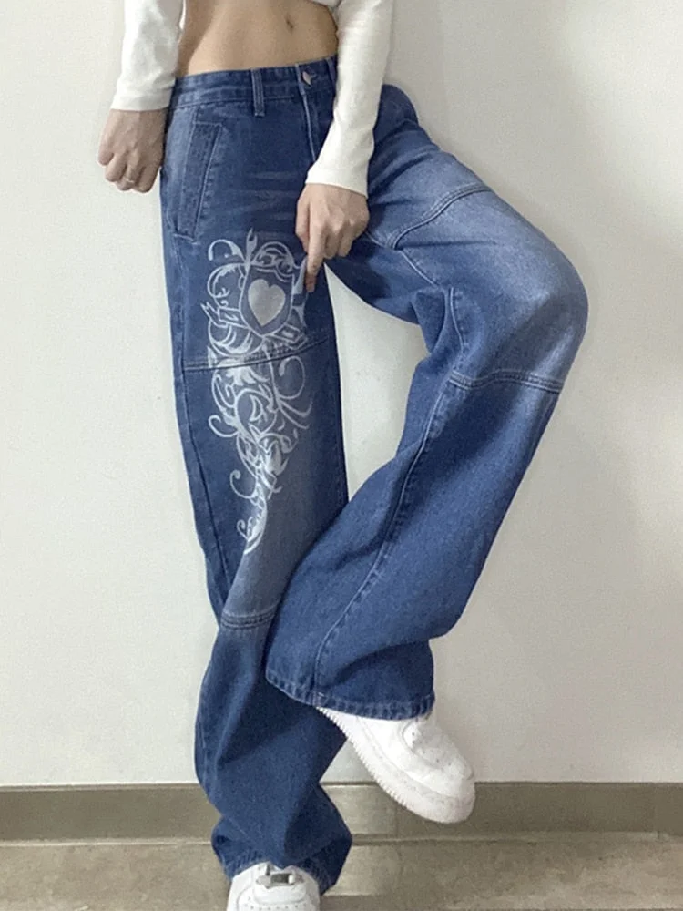 Tawnie Printed Baggy Y2K Jeans Women's Low Waist jeans 2022 Autumn Winter Oversize Wide Leg Baggy Pants Casual Cargo Trousers