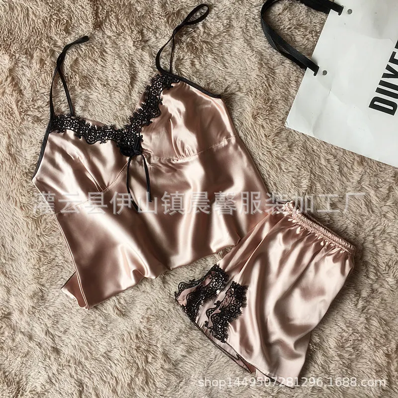 Churchf Women's Sexy Pajamas Simulation Silk Pajamas Large-Size Water-Soluble Embroidered Home Underwear Pyjamas Two-Set