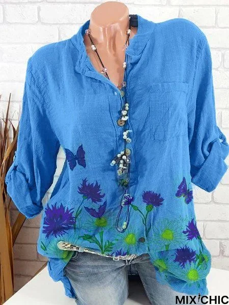 Women Blue Half Sleeve Floral Front Side Pocket Cotton-Blend Shift Tunic Top