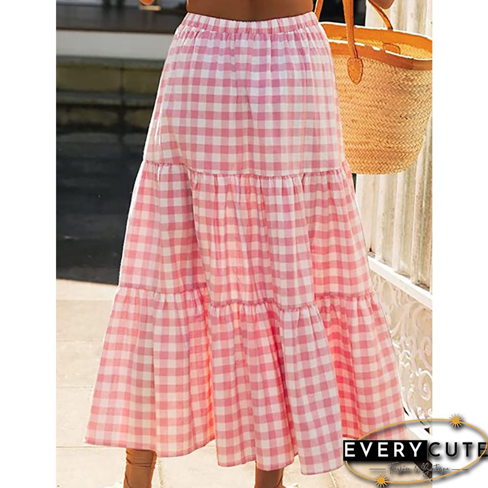 Pink Plaid Print Pocketed Maxi Skirt