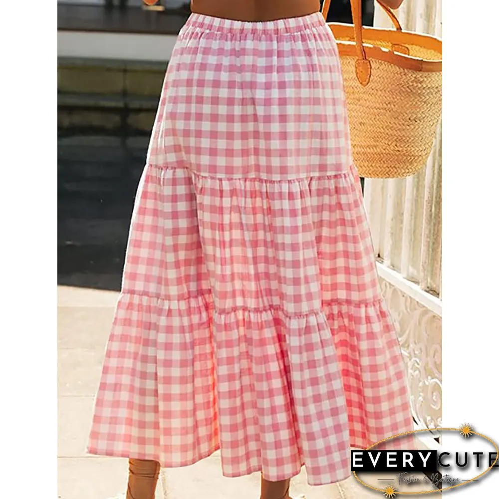Pink Plaid Print Pocketed Maxi Skirt