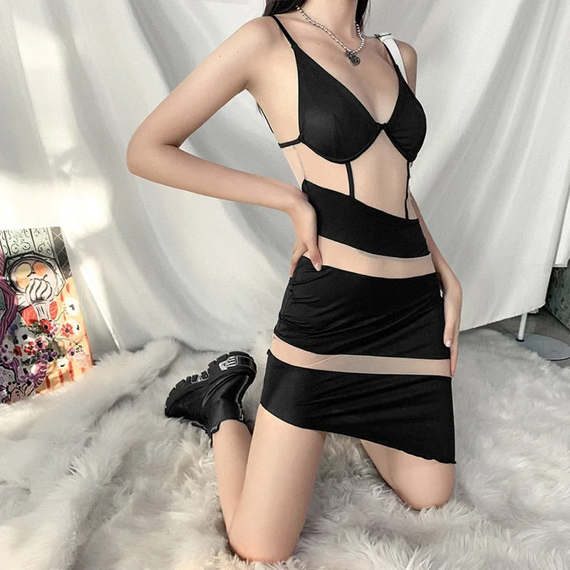Y2K 2022 Summer Fashion V-Neck Black Transparent Lace Skinny Sling Mini Women's Dresses Sexy  Base Party Outfits Clothes