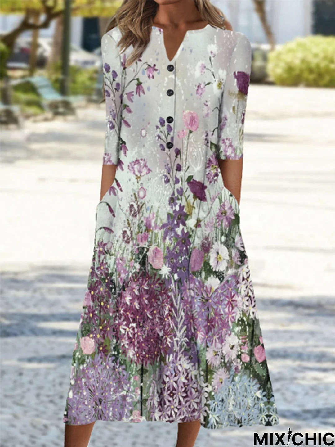 Floral Buttoned Notched 3/4 Sleeve Casual Dress