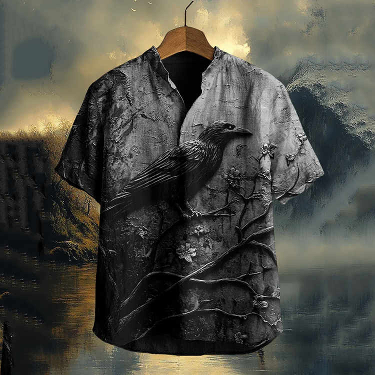 Men's Raven On A Branch Mystical Art Print Linen T-shirt