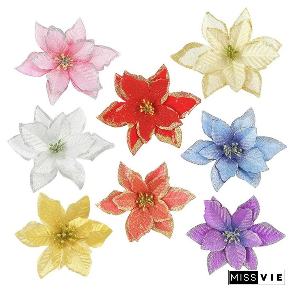 10 Pcs/Set Glitter Christmas Flower Poinsettia Christmas Tree Decorations Ornaments Christmas DIY Craft 11 Colors