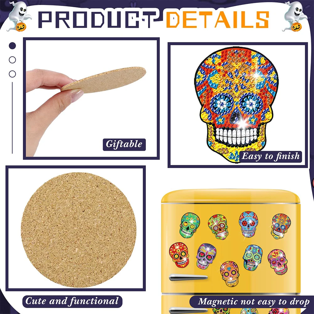 12pcs DIY Skull Diamond Painting Magnets Refrigerator for Adult Kid Fridge Car
