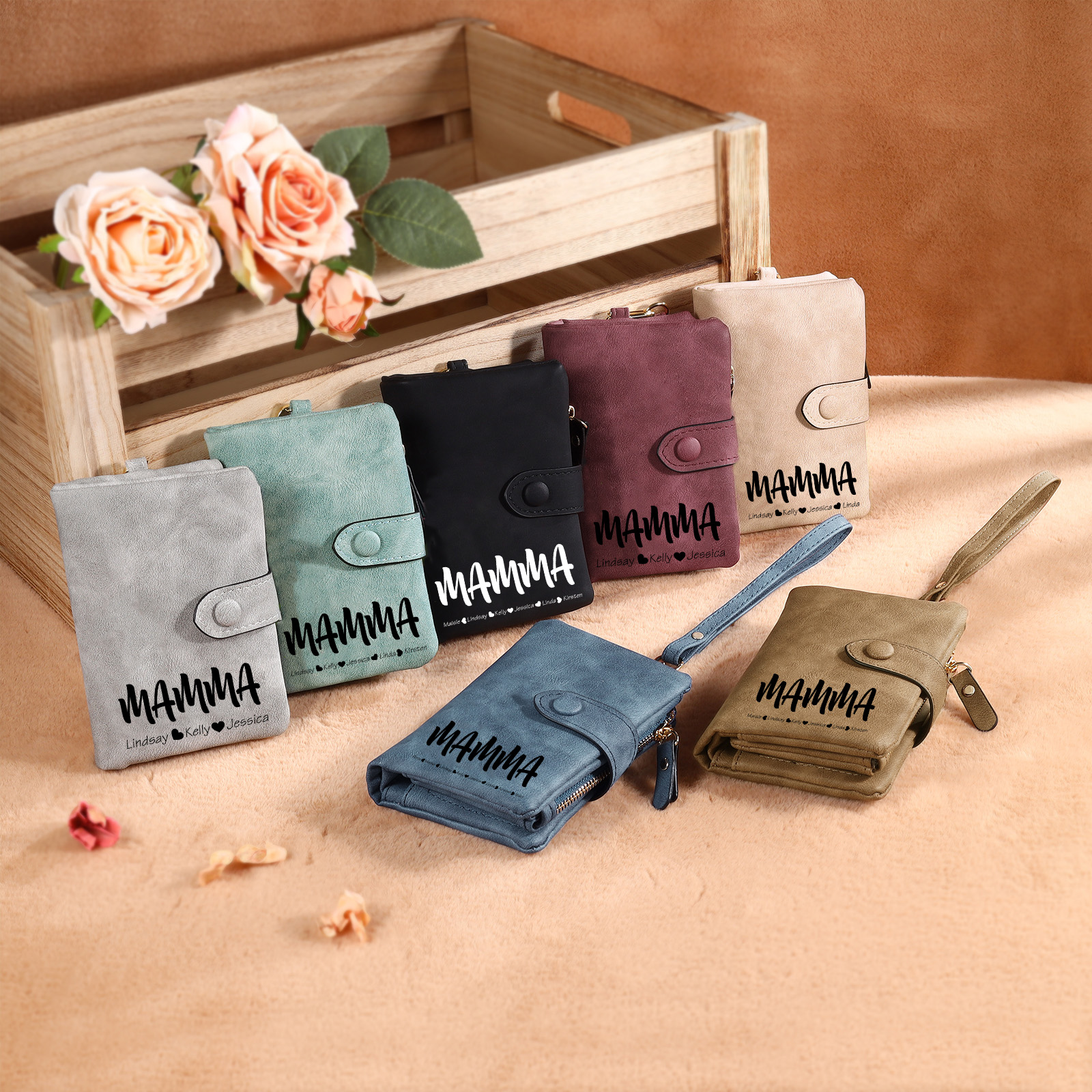 Portafoglio in PU pelle con 4 nomi & 2 testi & 1 foto personalizzati per mamma