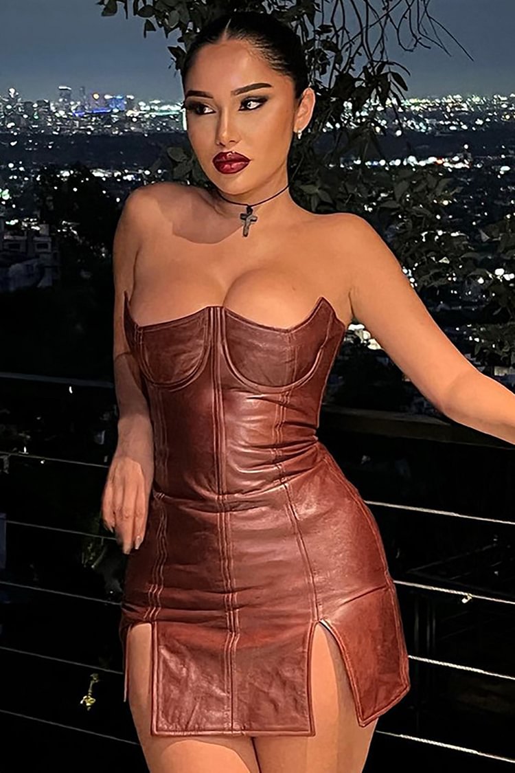 Faux Leather Tube Slit Mini Bodycon Dresses