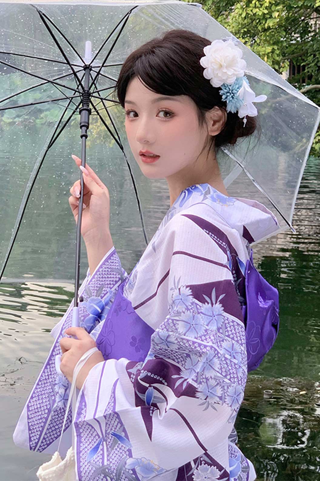 Yukata Kimono with Purple Robe and Sword Feather Design - たなばたまつり Stupa Stones