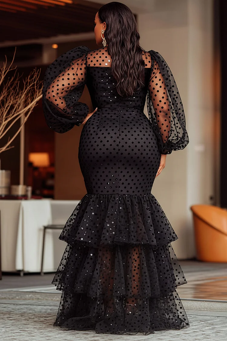 Xpluswear Design Plus Size Formal Black Round Neck Lantern Sleeve Long Sleeve Mermaid Vintage See Through Tulle Maxi Dresses [Pre-Order]