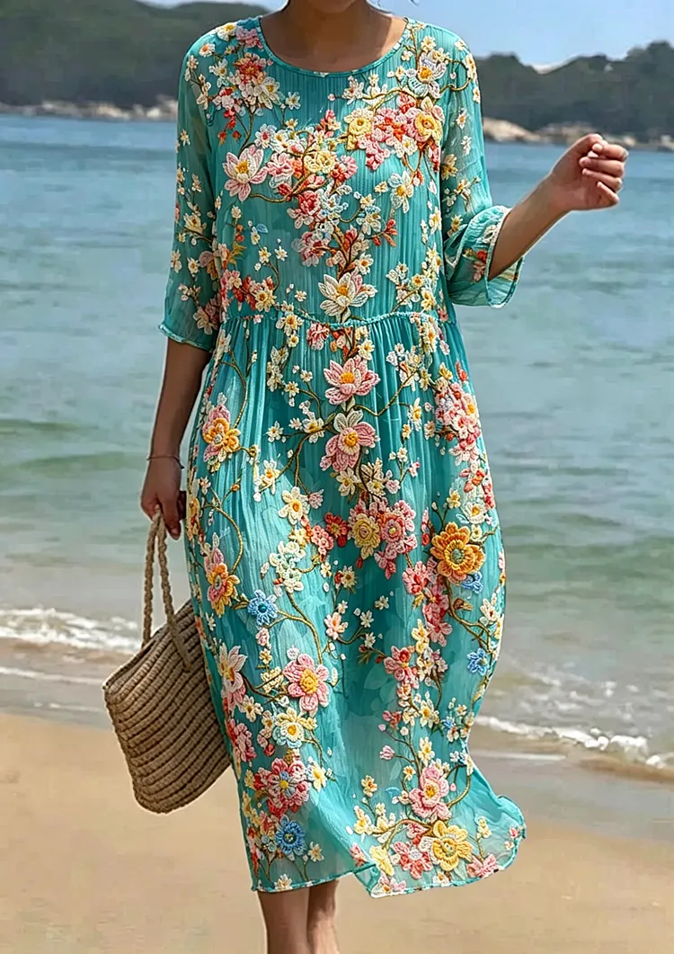 Women's Floral Embroidered Smocked Waist Midi Dress