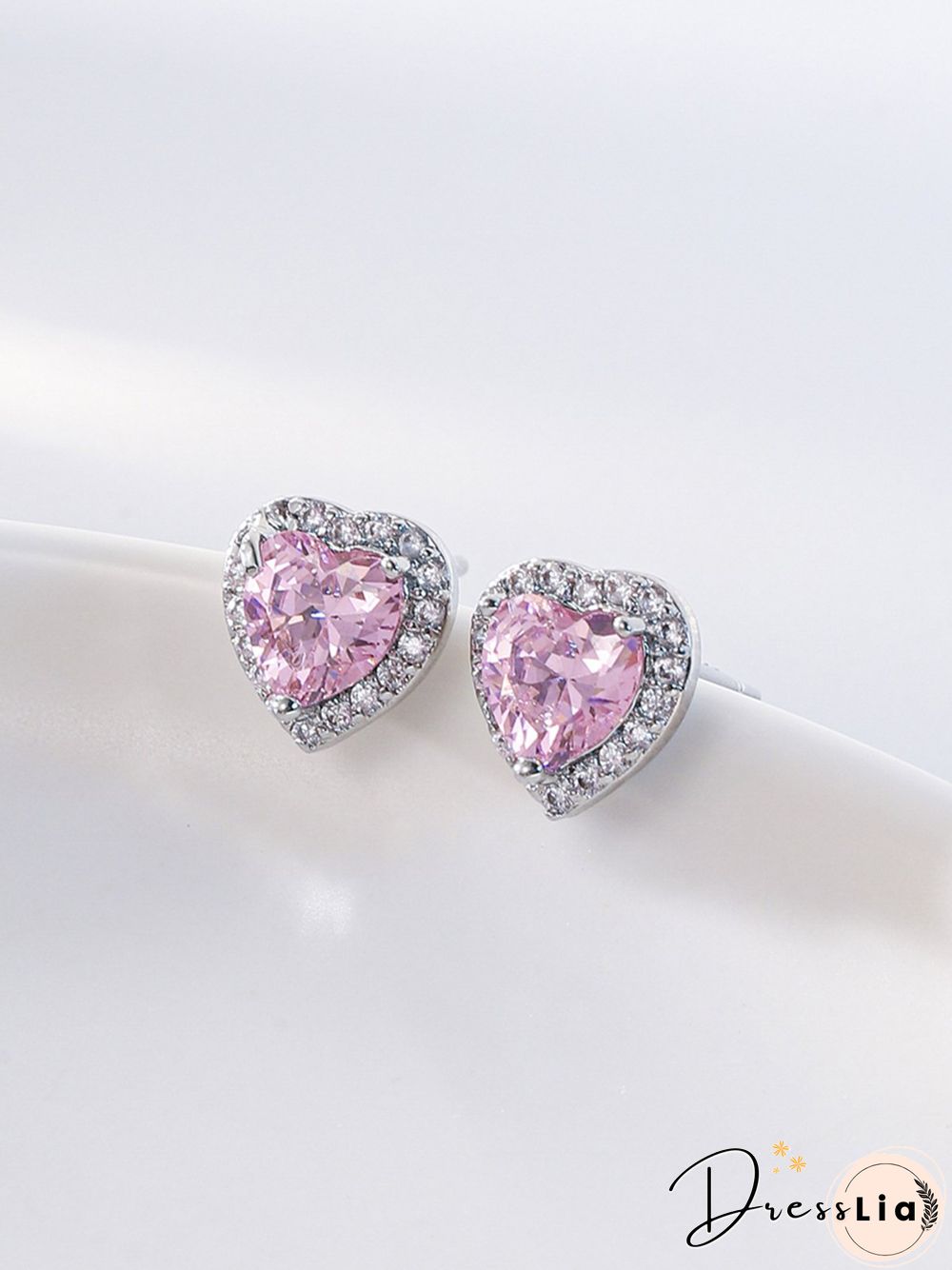 Full Diamond Pink Zircon Heart Stud Earrings Commuter Jewelry