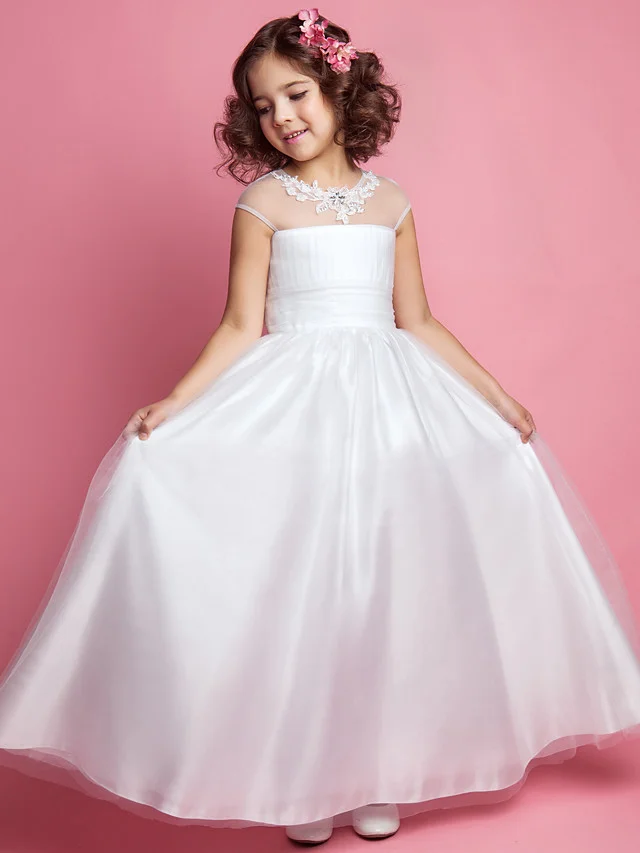 Daisda Princess A-Line Floor Length Flower Girl Dress Wedding First Communion Tulle Sleeveless Jewel Neck With Ruched Beading Appliques