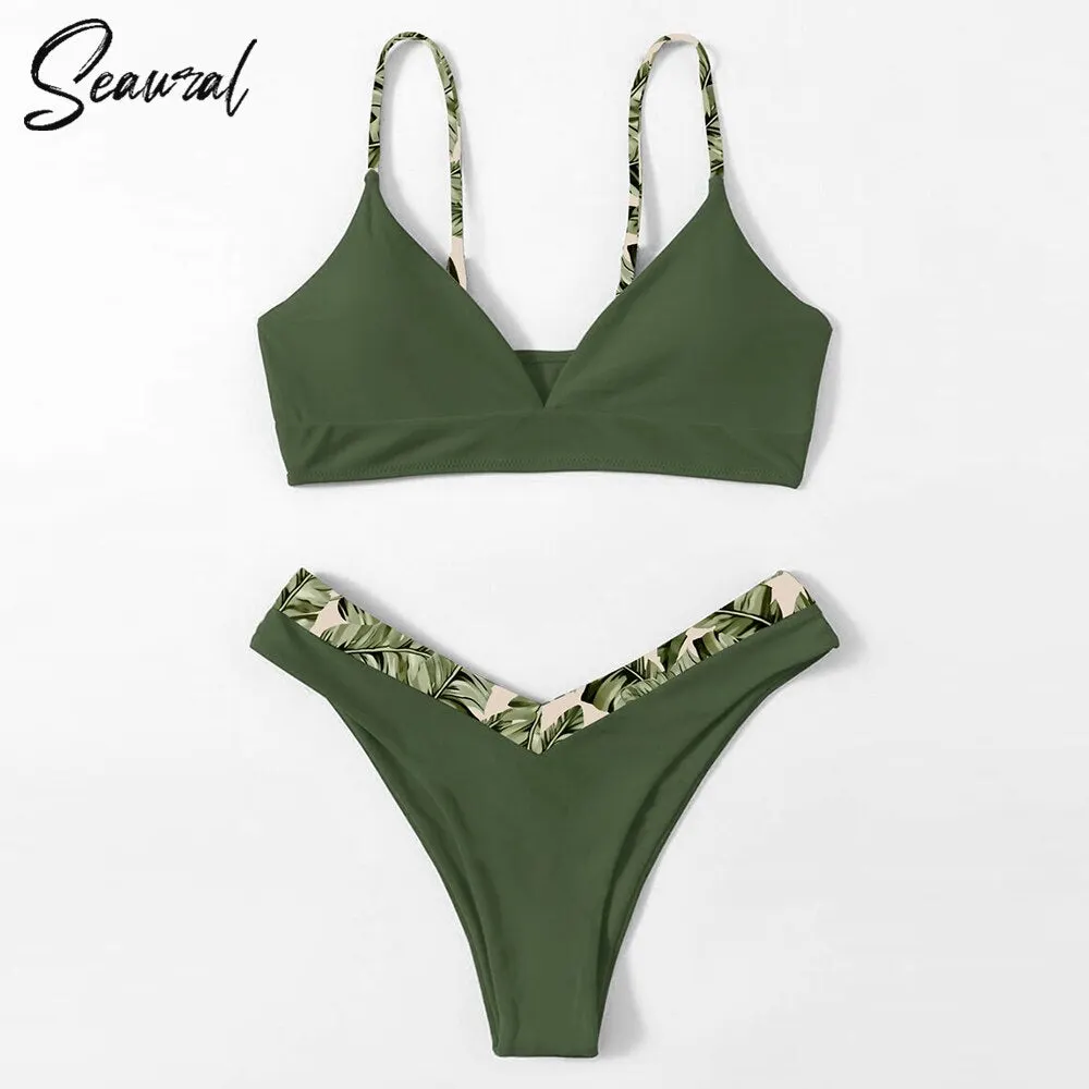 2021 New Sexy Low Waist Bikini Set Swimwear Women Solid And Leopard Floral Thong Brazil Swimsuit Female Bathing Suit biquini