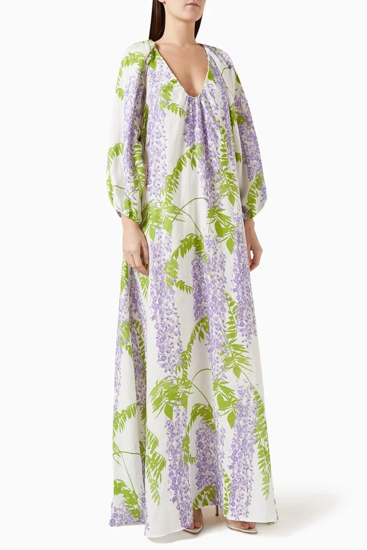 Vintage Floral Printed Long Sleeve Maxi Dress