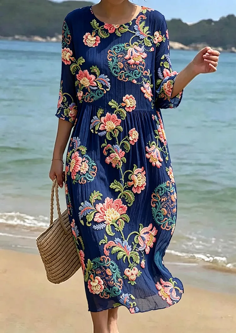 Women's Floral Embroidered Smocked Waist Midi Dress