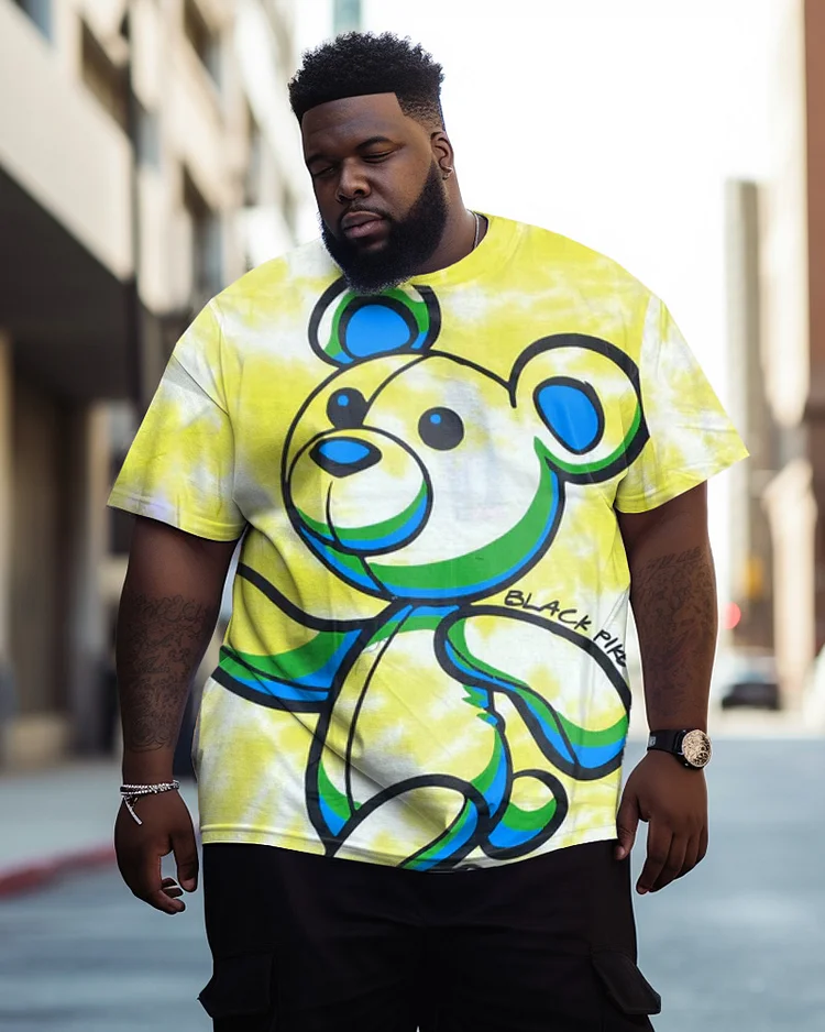 Men's Plus Size Street Tie Dye Running Bear Graffiti Short Sleeve Round Neck T-Shirt